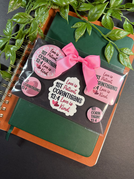 Faith Love Story Bundle-3 Button Set, 1 Magnet, 1 Sticker