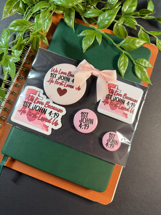 Faith Love Story Bundle-3 Button Set, 1 Magnet, 1 Sticker